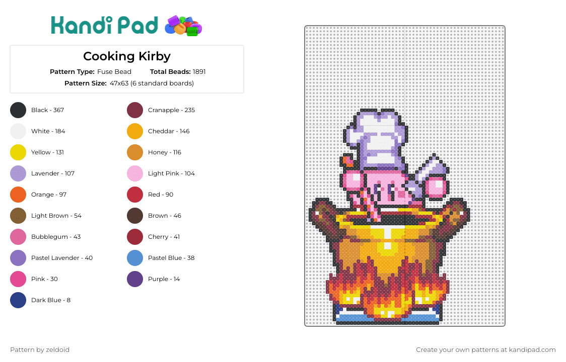 Cooking Kirby - Fuse Bead Pattern by zeldoid on Kandi Pad - kirby,nintendo,adorable character,chef,vibrant concoction,pinks,flame colors,purple,yellow,orange