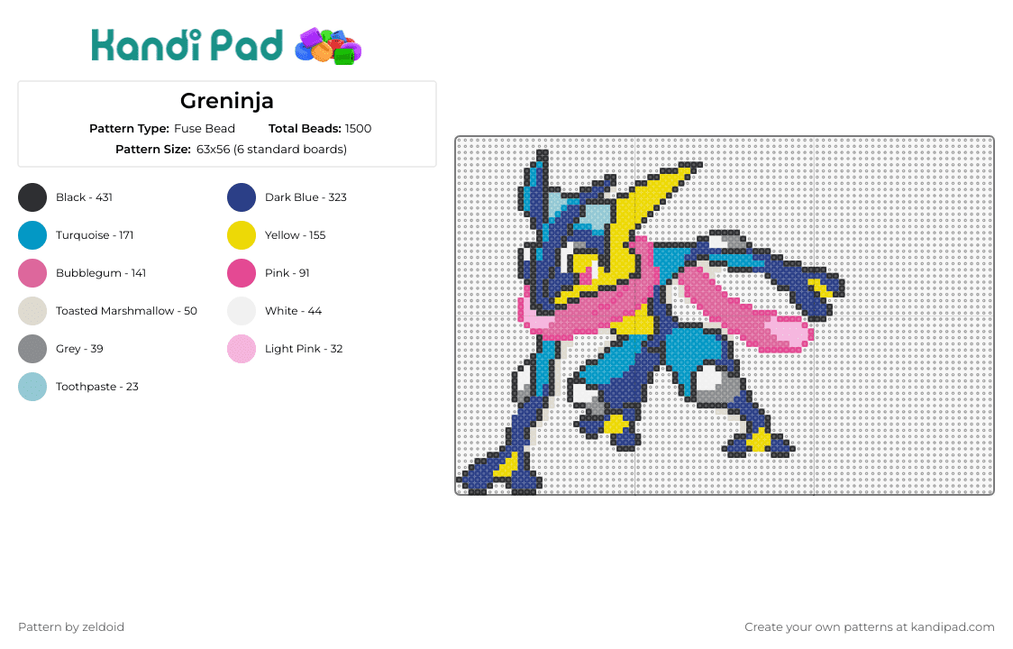Greninja - Fuse Bead Pattern by zeldoid on Kandi Pad - greninja,pokemon,stealth,agility,dynamic,amphibian,ninja,cerulean,pink,sapphire