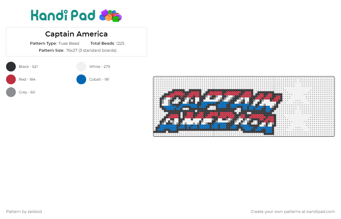 Captain America - Fuse Bead Pattern by zeldoid on Kandi Pad - captain america,avengers,marvel,super hero,shield,tribute,iconic,admiration,stars,red,blue,white