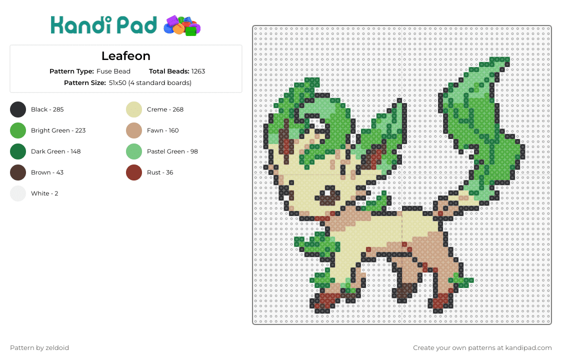 Leafeon - Fuse Bead Pattern by zeldoid on Kandi Pad - leafeon,eevee,pokemon,nature,mythical,creature,earthy,green,brown