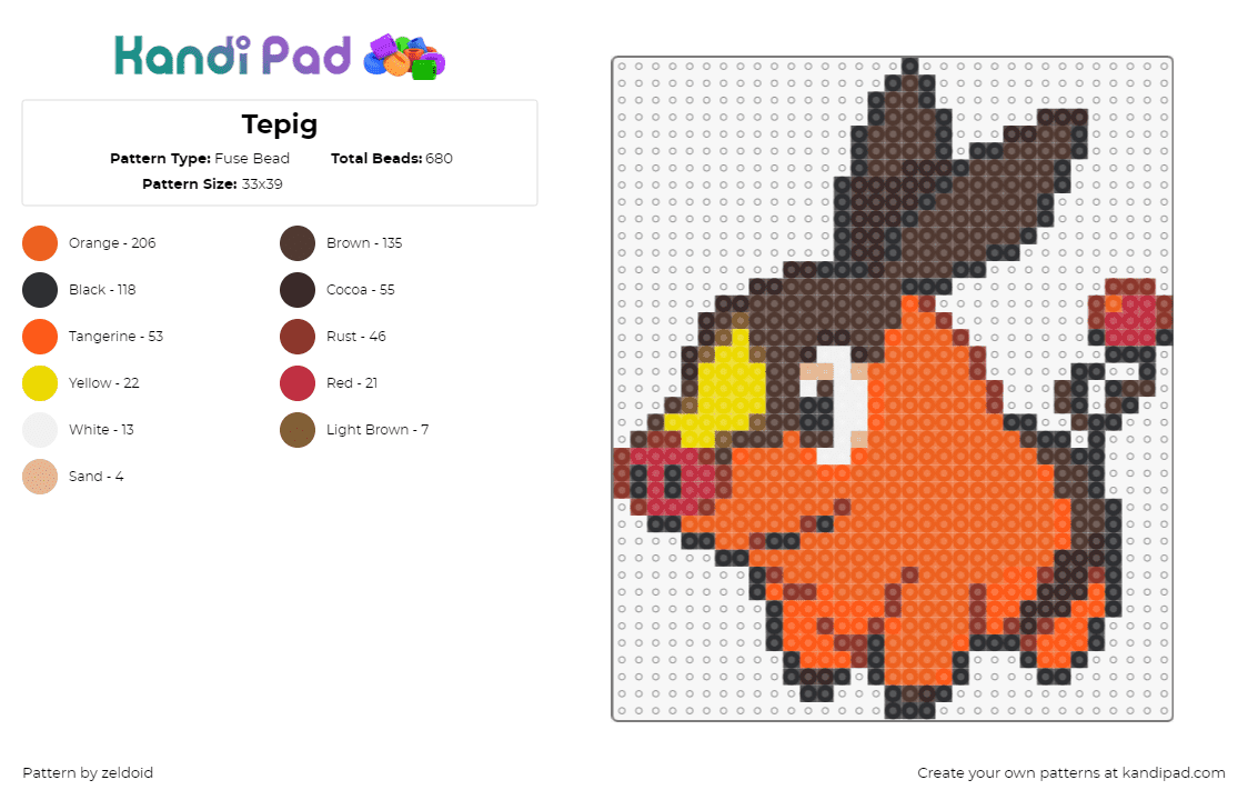 Tepig - Fuse Bead Pattern by zeldoid on Kandi Pad - tepig,pokemon,character,gaming,orange,brown