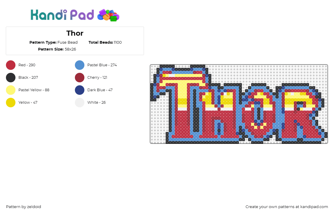 Thor - Fuse Bead Pattern by zeldoid on Kandi Pad - thor,god,legend,comic style,electrifying,lettering,bold,vibrant,crimson,navy,gol