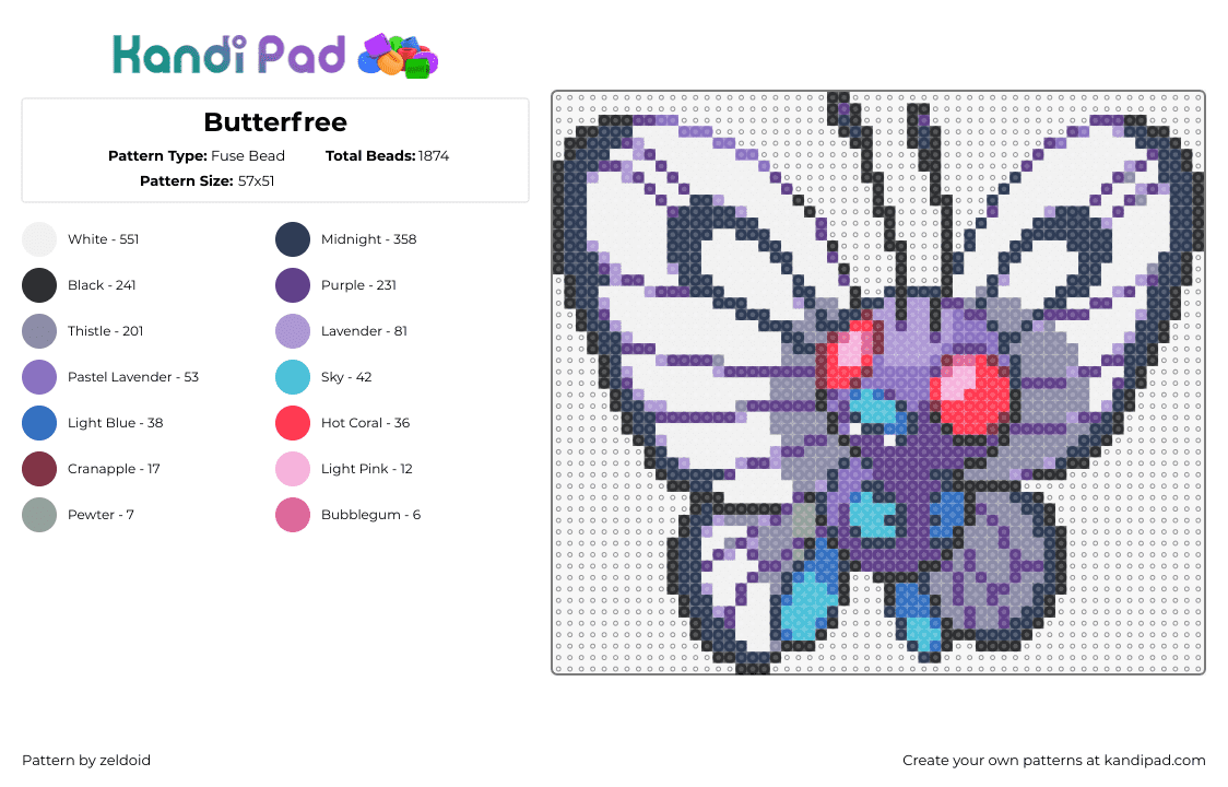 Butterfree - Fuse Bead Pattern by zeldoid on Kandi Pad - butterfree,pokemon,evolution,butterfly,winged,gaming,character,purple,white