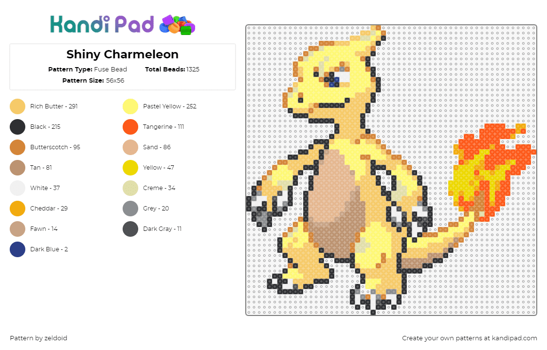 Shiny Charmeleon - Fuse Bead Pattern by zeldoid on Kandi Pad - charmeleon,pokemon,character,gaming,fiery,evolution,charmander,yellow,orange,tan