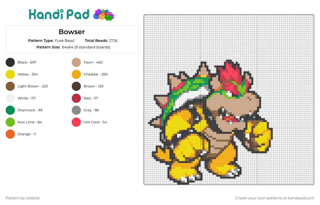 Bowser - Fuse Bead Pattern by zeldoid on Kandi Pad - bowser,super mario,nintendo,gaming,iconic,homage,fiery,earthy,brown,green,red