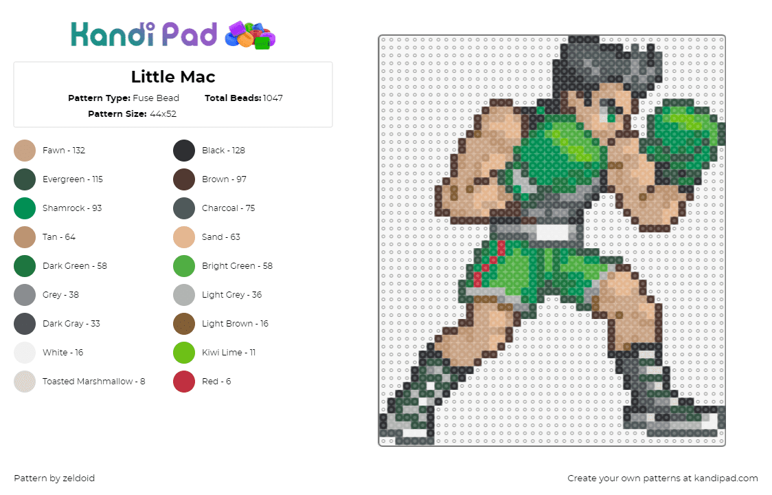 Little Mac - Fuse Bead Pattern by zeldoid on Kandi Pad - little mac,punch out,boxing,character,video game,green,tan,gray