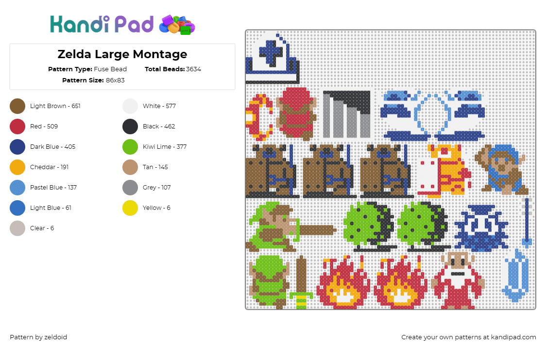 Zelda Large Montage - Fuse Bead Pattern by zeldoid on Kandi Pad - legend of zelda,video game,link,fire,sprites,adventure,green,brown,orange,blue