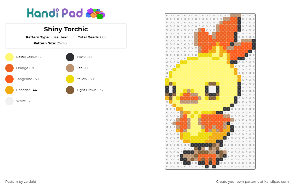 Shiny Torchic - Fuse Bead Pattern by zeldoid on Kandi Pad - torchic,pokemon,character,cute,chick,gaming,yellow,orange