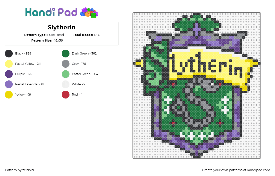 Slytherin - Fuse Bead Pattern by zeldoid on Kandi Pad - slytherin,harry potter,crest,emblem,badge,serpent,ambition,cunning,elegance,gree