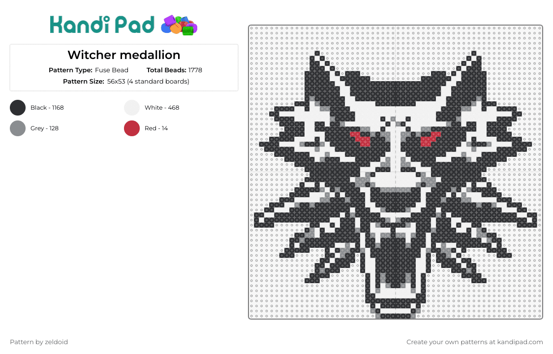 Witcher medallion - Fuse Bead Pattern by zeldoid on Kandi Pad - the witcher,medallion,red eyes,intricate,detailed,white,black,grey