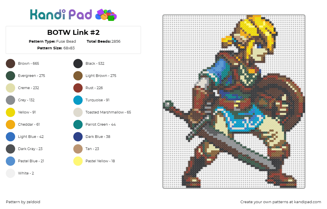 BOTW Link #2 - Fuse Bead Pattern by zeldoid on Kandi Pad - link,legend of zelda,video game,adventure,hero,shield,sword,blue,blonde,brown