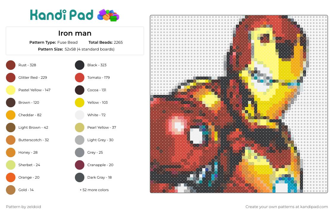 Iron man - Fuse Bead Pattern by zeldoid on Kandi Pad - iron man,superhero,marvel,inner hero,vibrant,popular armored superhero,bold color scheme