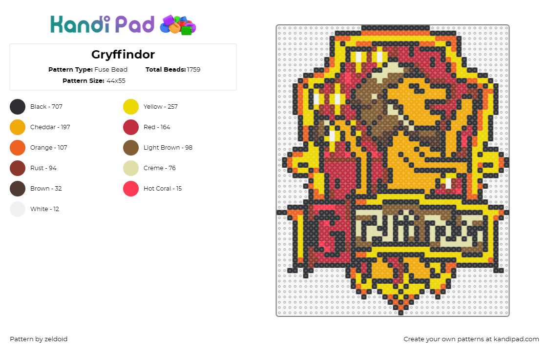 Gryffindor - Fuse Bead Pattern by zeldoid on Kandi Pad - gryffindor,harry potter,crest,emblem,badge,lion,magic,house,bravery,gold,red