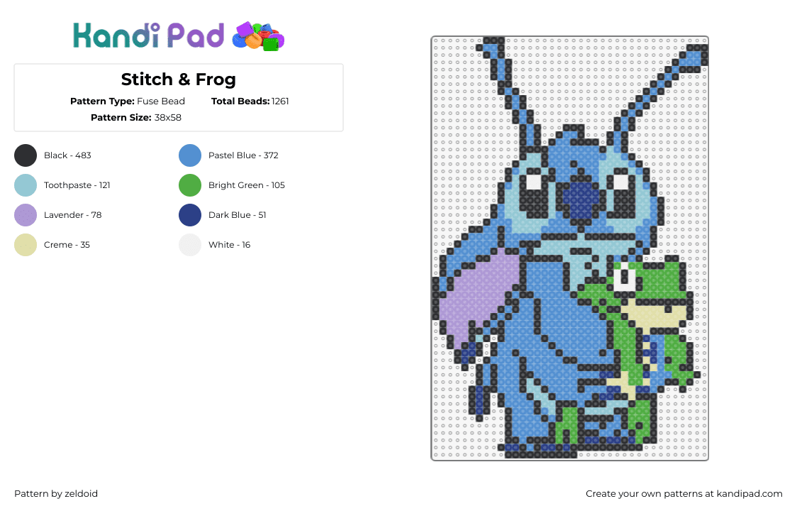 Stitch & Frog - Fuse Bead Pattern by zeldoid on Kandi Pad - stitch,lilo and stitch,frog,cute,character,movie,disney,green,light blue