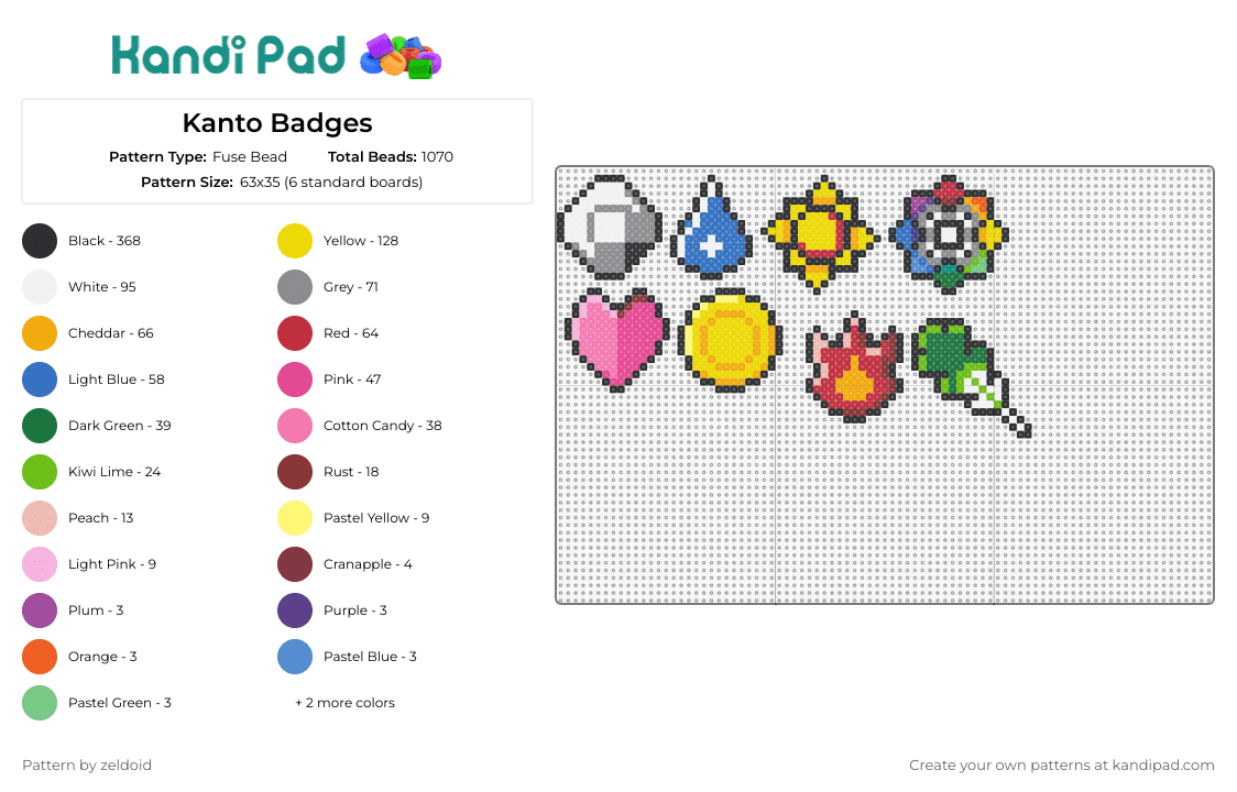 Kanto Badges - Fuse Bead Pattern by zeldoid on Kandi Pad - kanto,pokemon,gym,gaming,badges,icons,colorful,yellow,pink,green