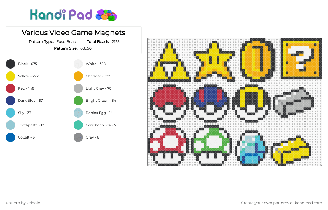 Various Video Game Magnets - Fuse Bead Pattern by zeldoid on Kandi Pad - yellow,red,orange