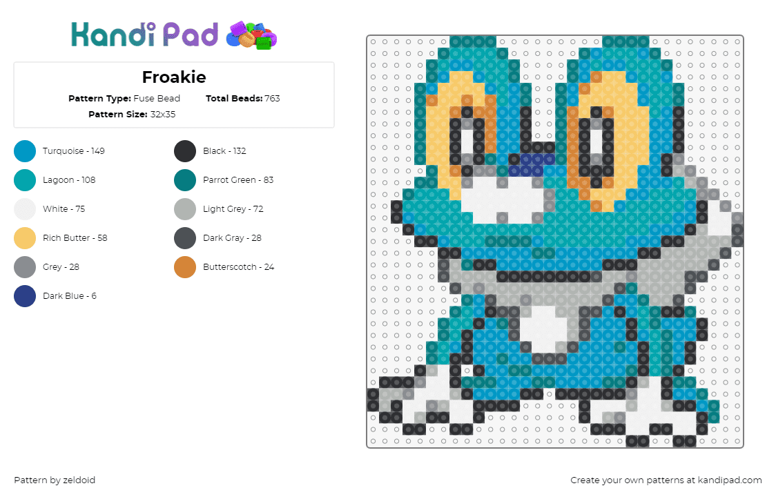 Froakie - Fuse Bead Pattern by zeldoid on Kandi Pad - froakie,pokemon,character,gaming,frog,teal,gray