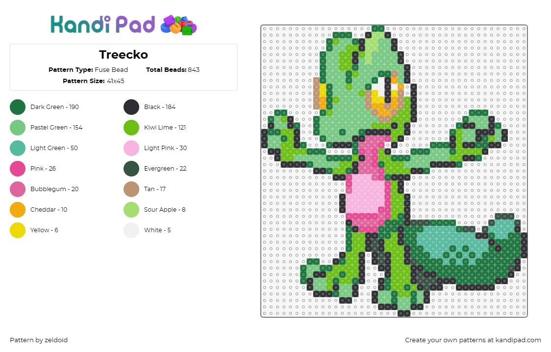 Treecko - Fuse Bead Pattern by zeldoid on Kandi Pad - treecko,pokemon,gecko,creature,green,gaming,anime,grass-type,character