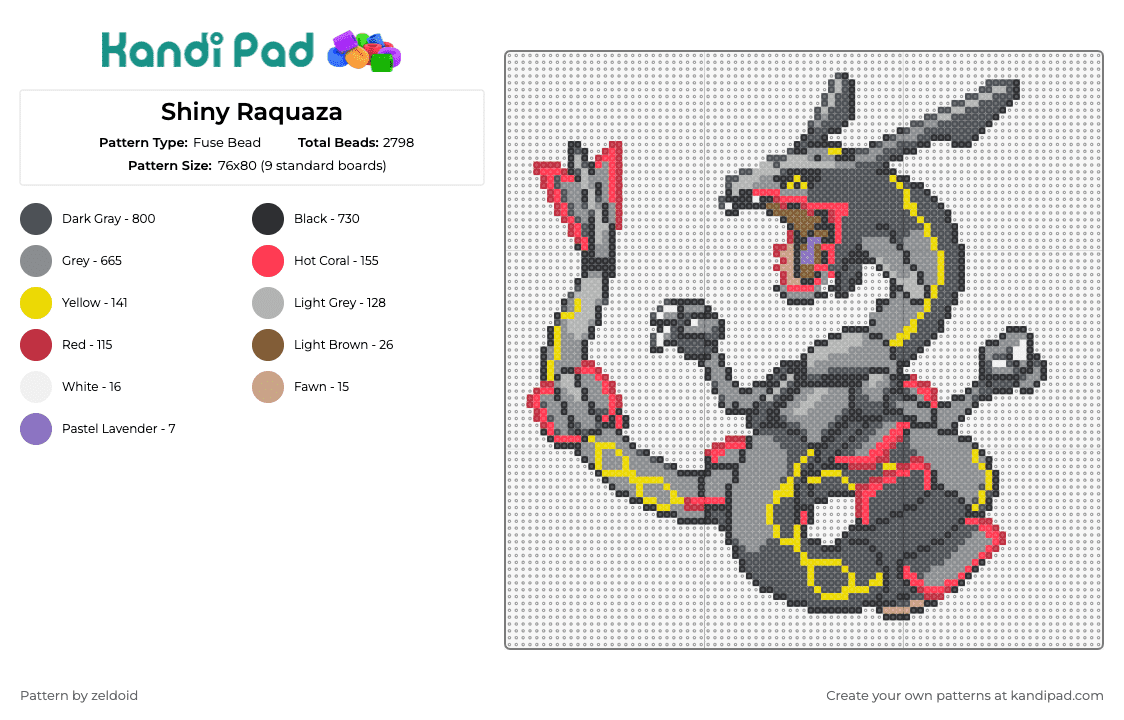 Shiny Raquaza - Fuse Bead Pattern by zeldoid on Kandi Pad - raquaza,pokemon,dragon,mythical,legendary,serpentine,flying,detailed,black