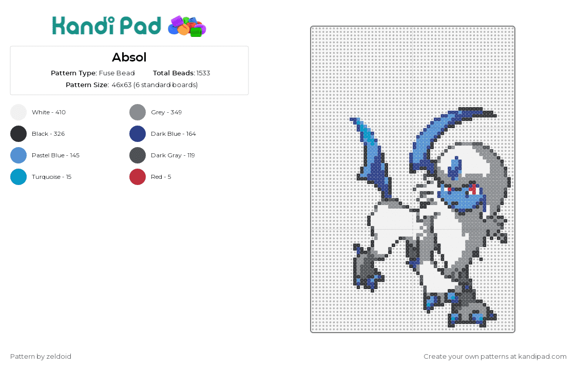 Absol - Fuse Bead Pattern by zeldoid on Kandi Pad - absol,pokemon,creature,video game,white,blue