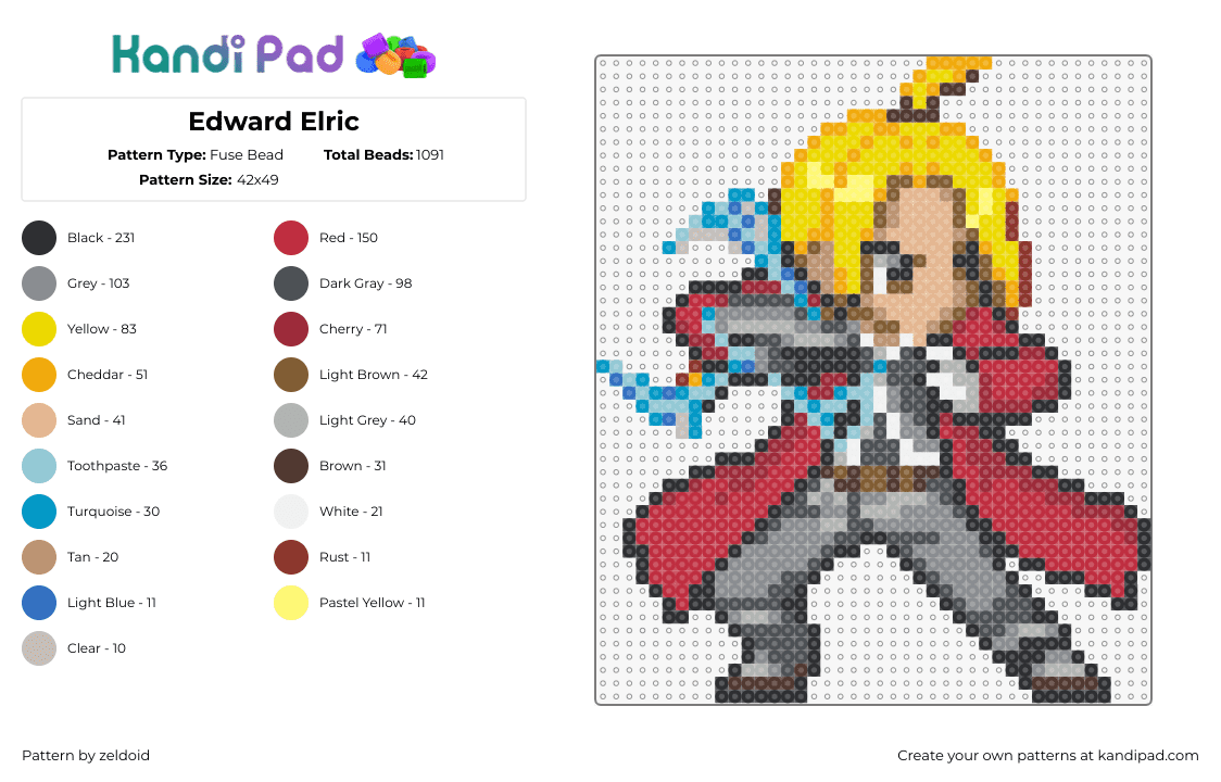 Edward Elric - Fuse Bead Pattern by zeldoid on Kandi Pad - edward elric,fullmetal alchemist,character,manga,anime,blonde,cloak,cape,yellow,red,gray