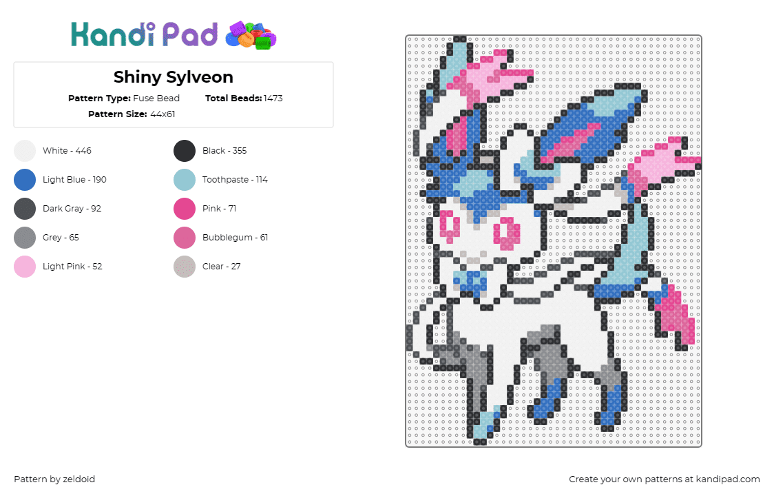 Shiny Sylveon - Fuse Bead Pattern by zeldoid on Kandi Pad - sylveon,pokemon,enchanting,shimmering,evolution,pink,blue,white