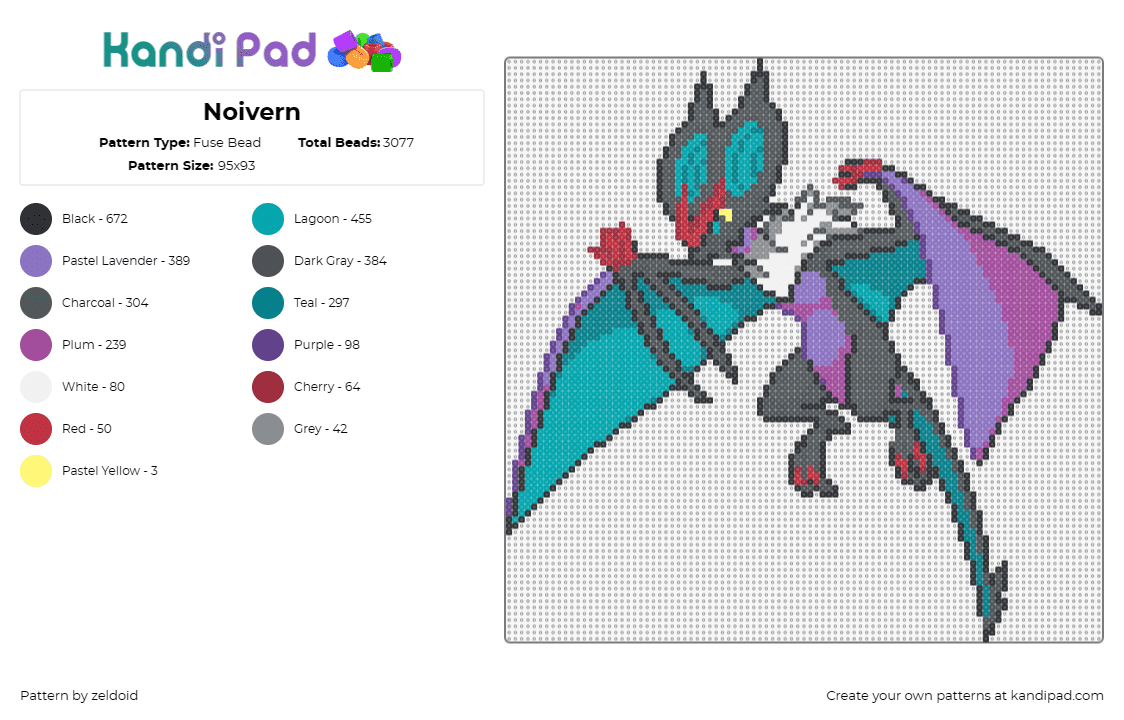 Noivern - Fuse Bead Pattern by zeldoid on Kandi Pad - noivern,pokemon,flying,dragon,bat-like,wings,fangs,claws,purple