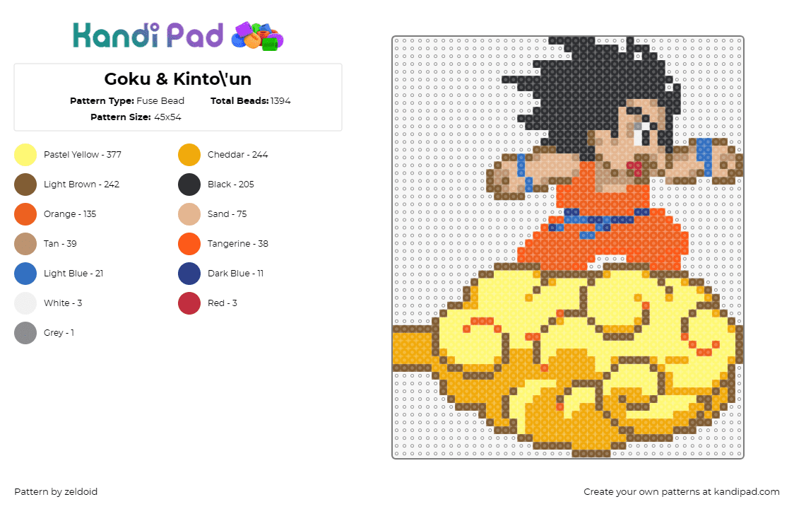 Goku & Kinto\'un - Fuse Bead Pattern by zeldoid on Kandi Pad - goku,kintoun,dragon ball z,cloud,adventure,magical,vibrant colors,anime fans,col