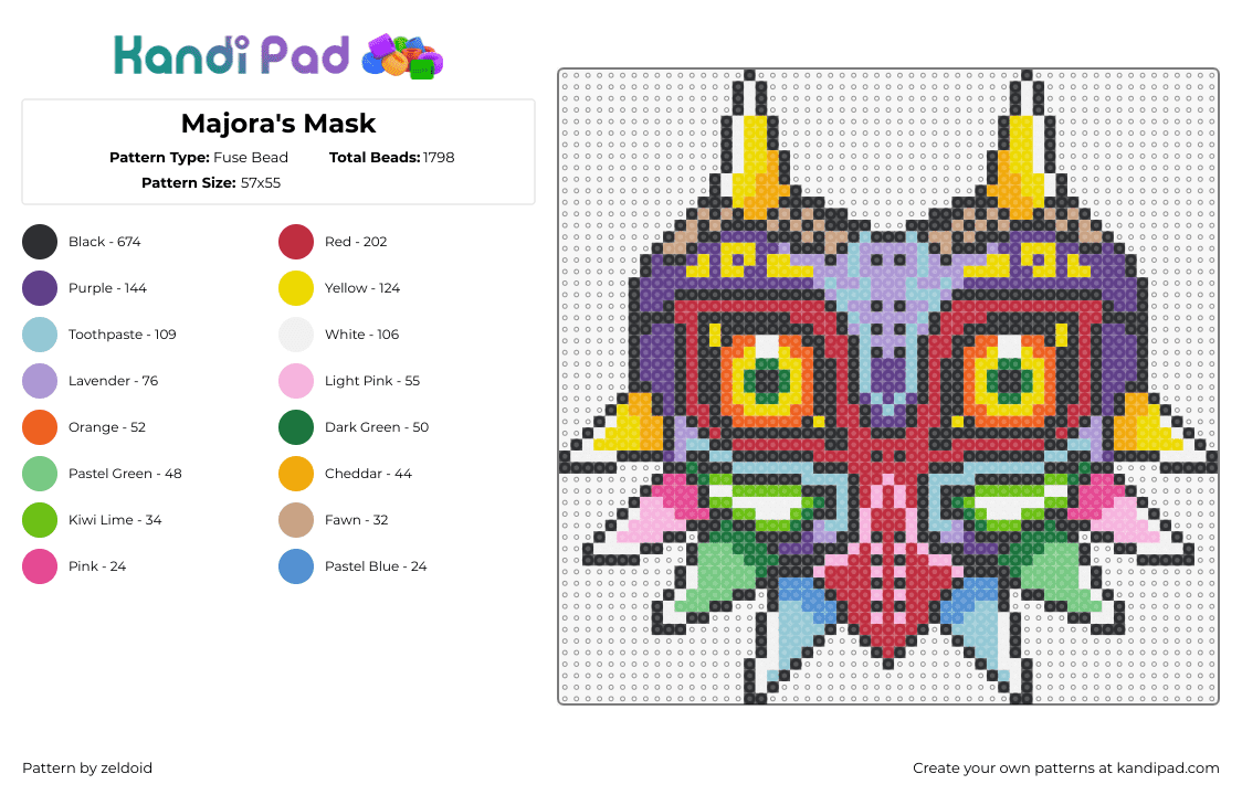 Majora\'s Mask - Fuse Bead Pattern by zeldoid on Kandi Pad - majoras mask,legend of zelda,eyes,colorful,horns,video game,red,purple,yellow