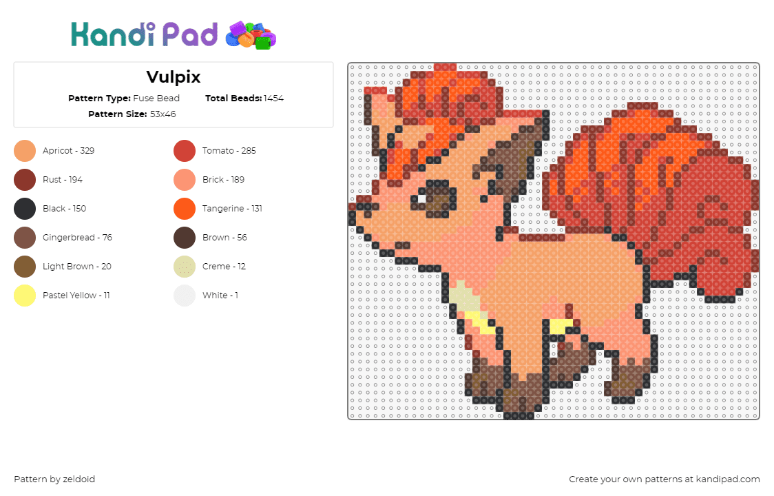 Vulpix - Fuse Bead Pattern by zeldoid on Kandi Pad - vulpix,pokemon,character,gaming,orange