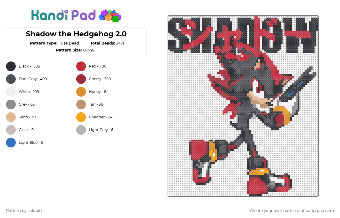 Shadow the Hedgehog 2.0 - Fuse Bead Pattern by zeldoid on Kandi Pad - 