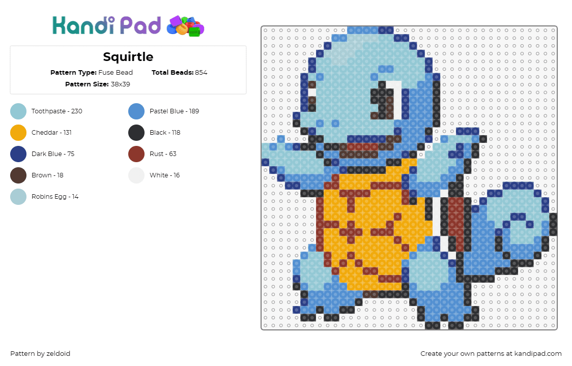 Squirtle - Fuse Bead Pattern by zeldoid on Kandi Pad - squirtle,blastoise,pokemon,aquatic,turtle,cobalt,azure,yellow