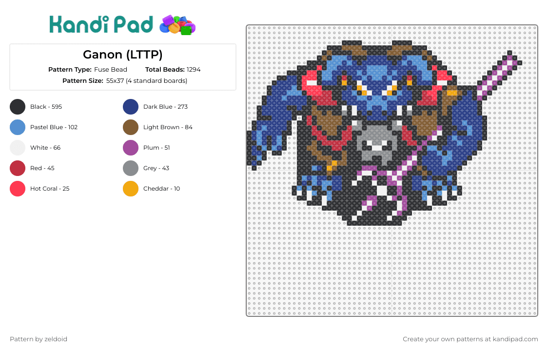 Ganon (LTTP) - Fuse Bead Pattern by zeldoid on Kandi Pad - ganon,legend of zelda,boss,character,video game,blue,fantasy,antagonist,power,villain,epic