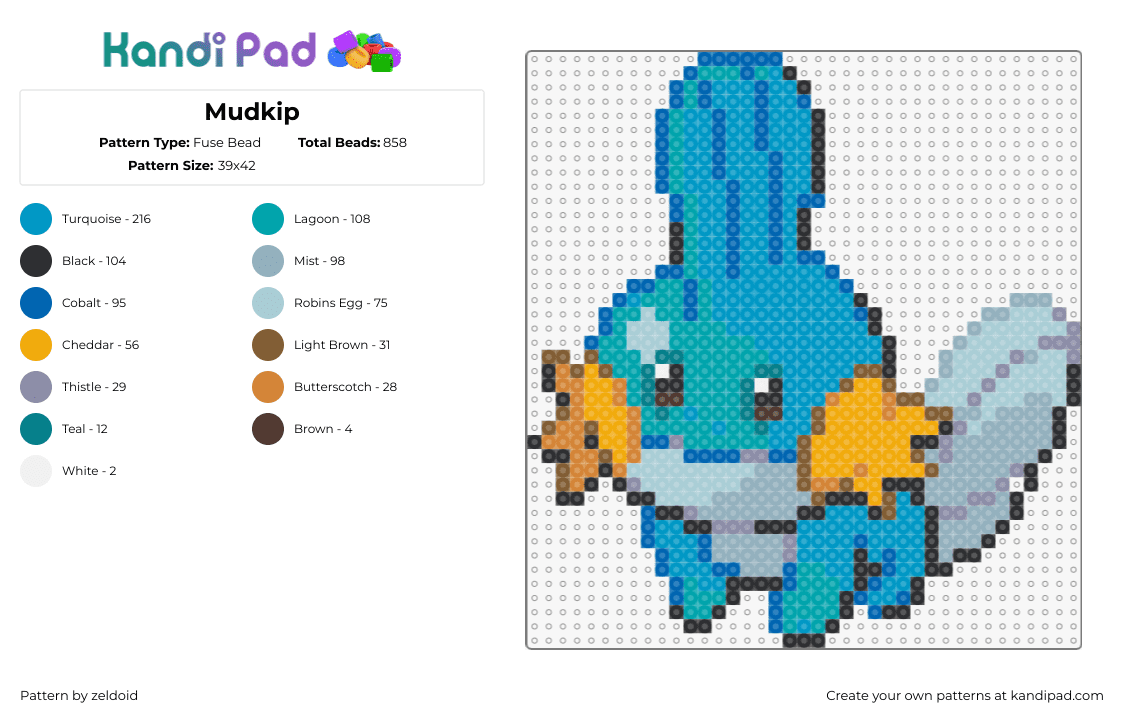 Mudkip - Fuse Bead Pattern by zeldoid on Kandi Pad - mudkip,pokemon,character,gaming,cute,teal,yellow