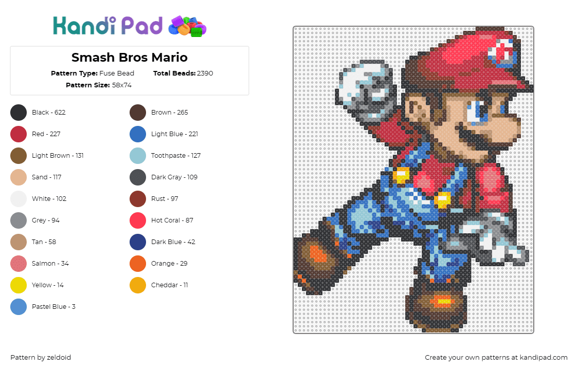 Smash Bros Mario - Fuse Bead Pattern by zeldoid on Kandi Pad - mario,super smash bros,nintendo,adventurous character,classic video games,rich r