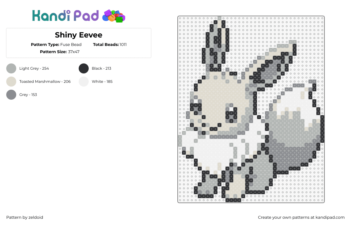 Shiny Eevee - Fuse Bead Pattern by zeldoid on Kandi Pad - eevee,pokemon,cute,character,gaming,gray