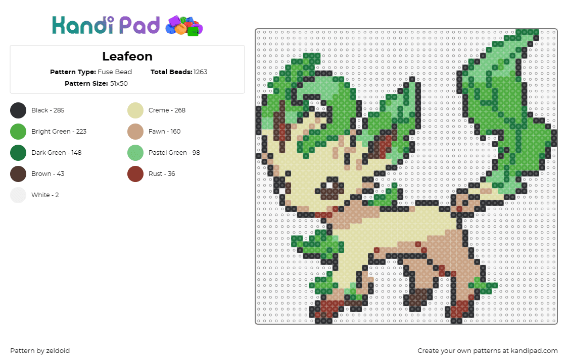 Leafeon - Fuse Bead Pattern by zeldoid on Kandi Pad - leafeon,pokemon,eevee,evolution,gaming,creature,tan,green