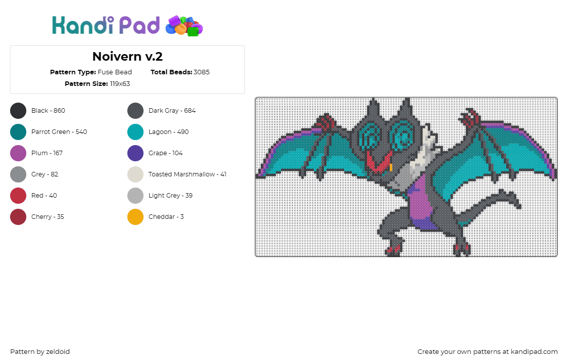 Noivern v.2 - Fuse Bead Pattern by zeldoid on Kandi Pad - noivern,pokemon,winged,dragon,creature,fantasy,vibrant