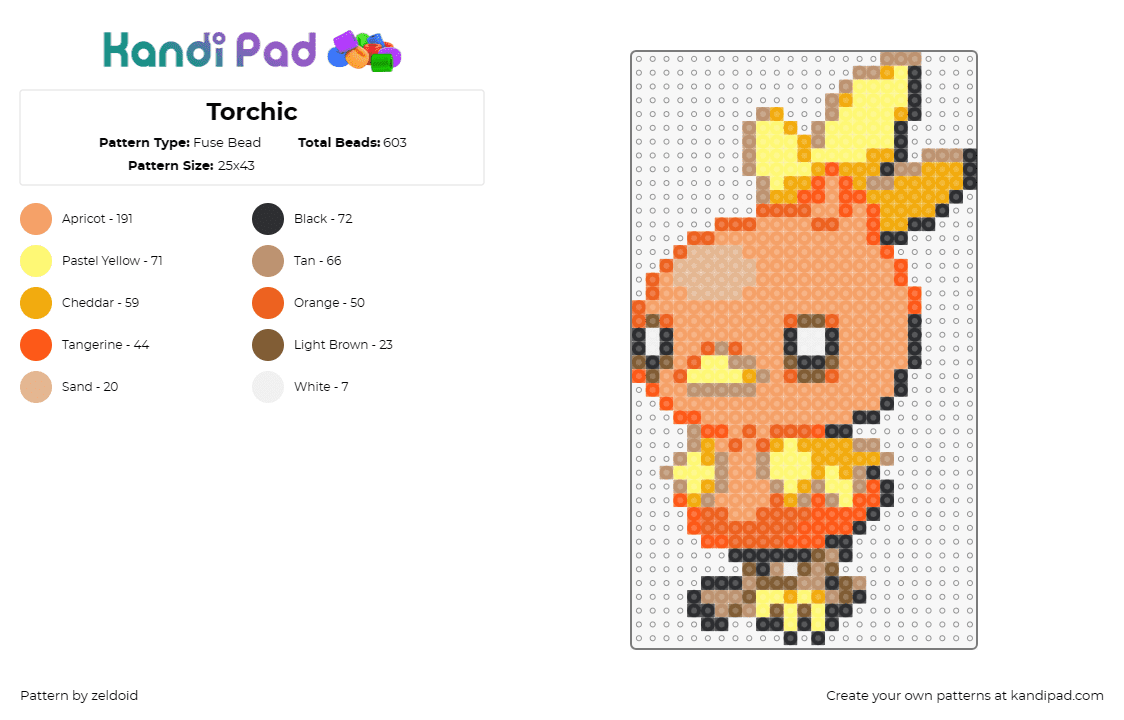 Torchic - Fuse Bead Pattern by zeldoid on Kandi Pad - torchic,pokemon,creature,fire,anime,gaming,orange,yellow