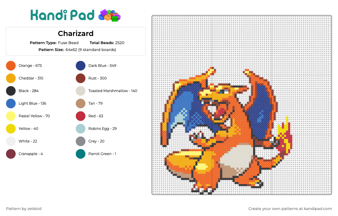 Charizard - Fuse Bead Pattern by zeldoid on Kandi Pad - charizard,pokemon,charmander,dragon,fiery,iconic,majesty,fantastical,orange