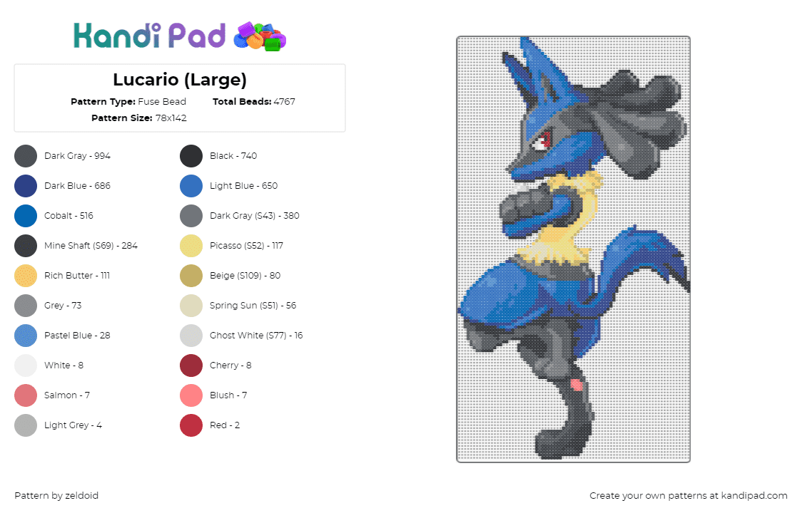 Lucario (Large) - Fuse Bead Pattern by zeldoid on Kandi Pad - lucario,pokemon,character,gaming,blue