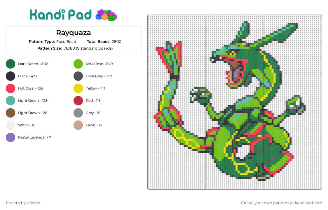 Rayquaza - Fuse Bead Pattern by zeldoid on Kandi Pad - rayquaza,pokemon,legendary,vibrant essence,iconic,striking greens,fierce details,red,yellow
