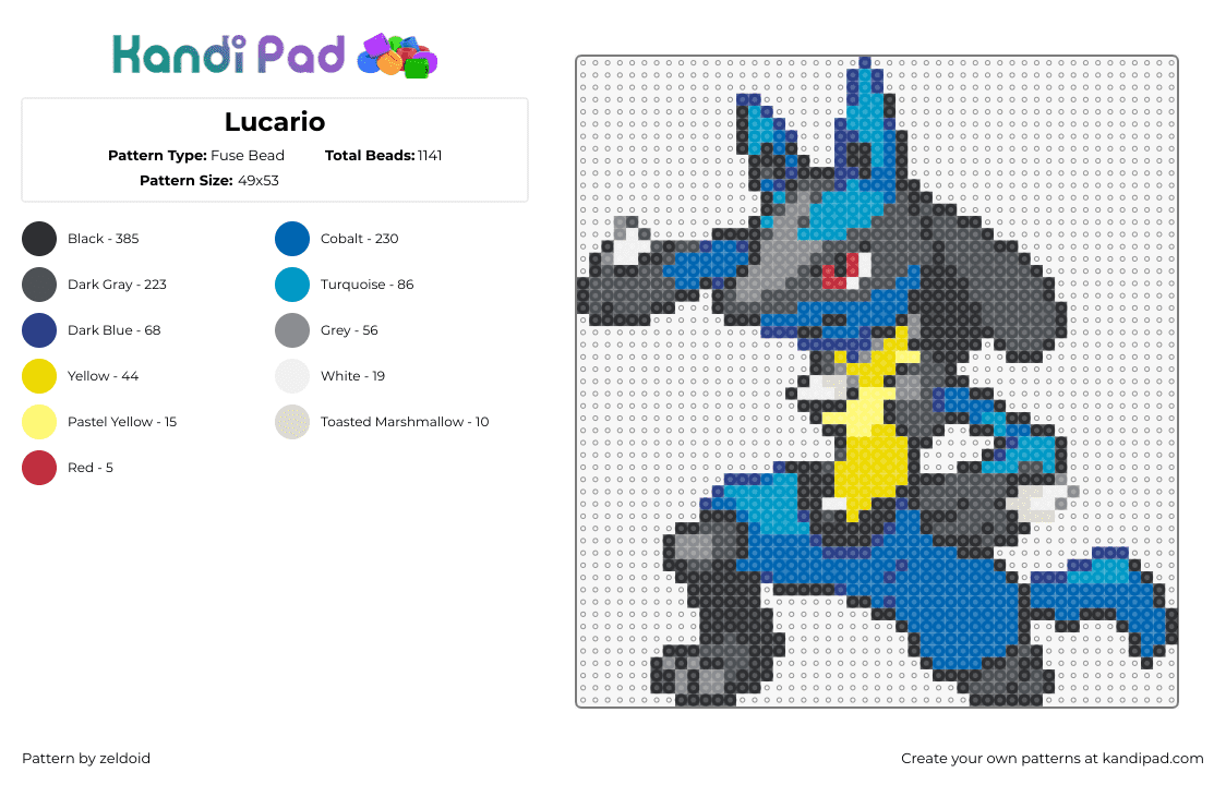 Lucario - Fuse Bead Pattern by zeldoid on Kandi Pad - lucario,pokemon,character,gaming,blue,black,yellow