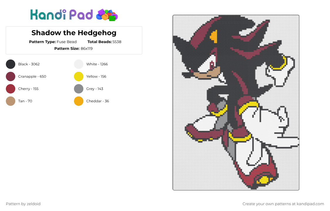 Shadow the Hedgehog - Fuse Bead Pattern by zeldoid on Kandi Pad - black,white,brown