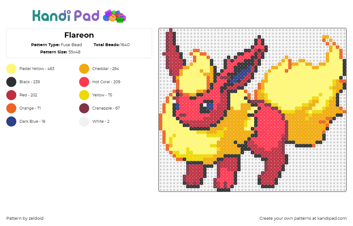 Flareon - Fuse Bead Pattern by zeldoid on Kandi Pad - flareon,pokemon,eevee,fiery,evolution,character,anime,gaming,red,yellow