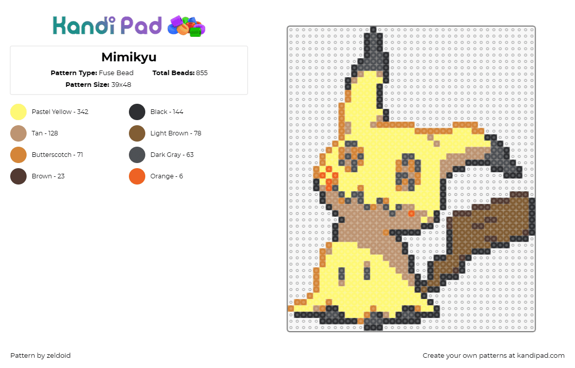 Mimikyu - Fuse Bead Pattern by zeldoid on Kandi Pad - mimikyu,pokemon,crafting journey,fan-favorite,charming bead art,beloved series,y