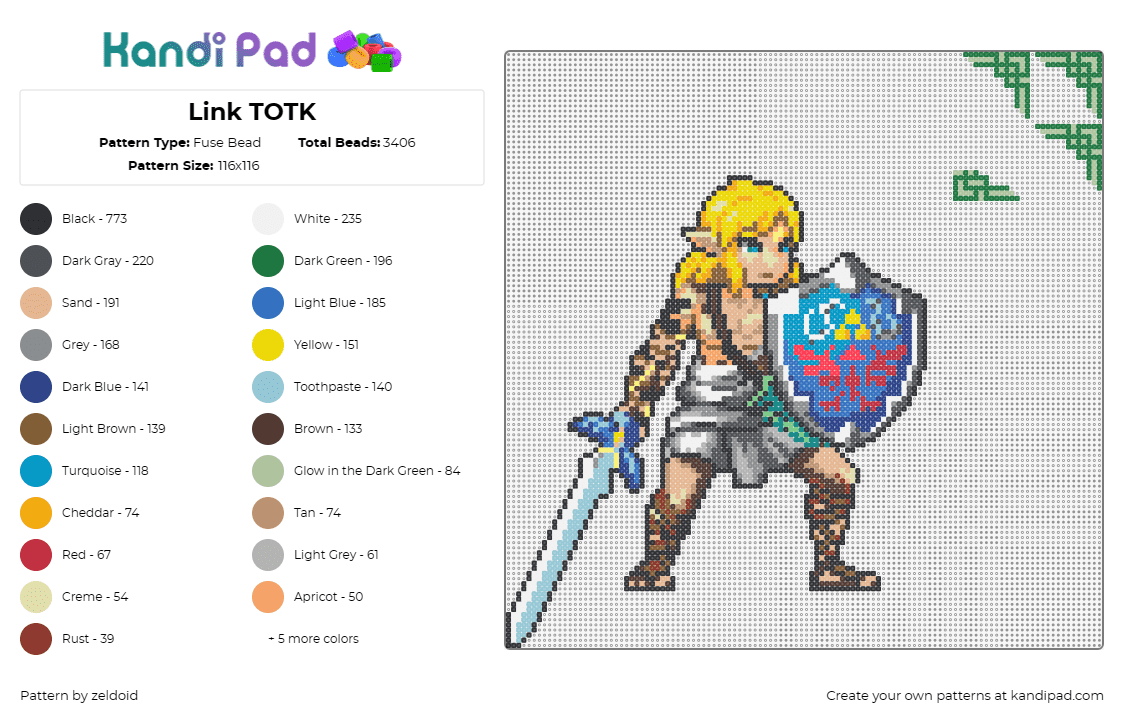 Link TOTK - Fuse Bead Pattern by zeldoid on Kandi Pad - link,legend of zelda,shield,sword,character,hero,video game,blonde,adventure,blu