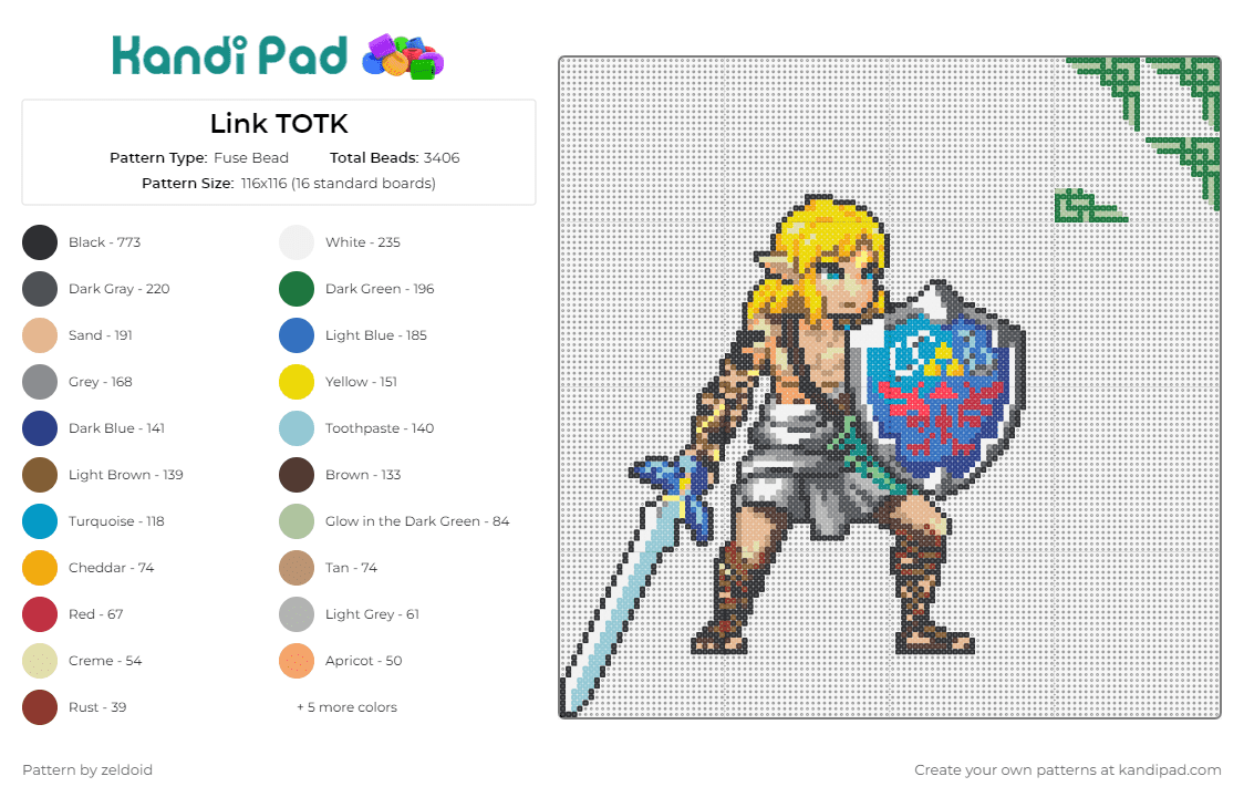 Link TOTK - Fuse Bead Pattern by zeldoid on Kandi Pad - link,legend of zelda,shield,sword,character,hero,video game,blonde,adventure,blue,gray,yellow,beige