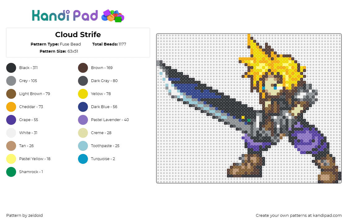 Cloud Strife - Fuse Bead Pattern by zeldoid on Kandi Pad - spiky-haired,swordsman,final fantasy,video game,sword,character,adventure,gaming