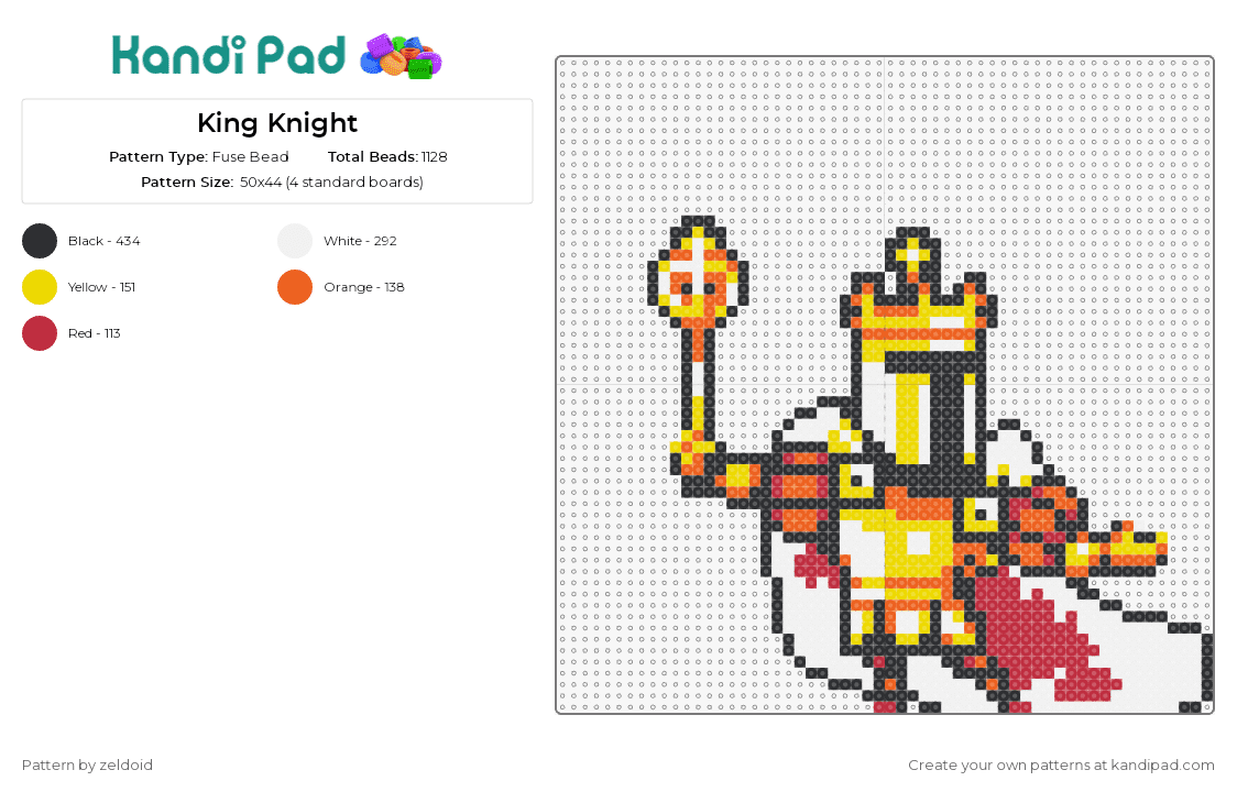 King Knight - Fuse Bead Pattern by zeldoid on Kandi Pad - king,shovel knight,royalty,scepter,cape,throne,video game character,gold,yellow
